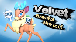 Size: 1280x720 | Tagged: safe, artist:pika-robo, derpibooru import, velvet reindeer, deer, reindeer, winter sprite, them's fightin' herds, 3d, blue background, character reveal, community related, female, looking at you, simple background, source filmmaker, splash art, super smash bros.