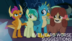 Size: 1280x720 | Tagged: safe, derpibooru import, edit, edited screencap, editor:quoterific, screencap, gallus, sandbar, smolder, yona, dragon, earth pony, griffon, pony, yak, season 9, uprooted, spoiler:s09, female, male, open mouth, open smile, smiling, stallion