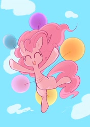 Size: 2048x2887 | Tagged: safe, artist:noupu, derpibooru import, pinkie pie, earth pony, pony, balloon, eyes closed, female, floating, from below, happy, mare, open mouth, open smile, smiling, solo, then watch her balloons lift her up to the sky, worm's eye view