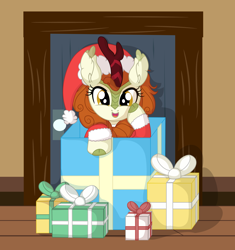 Size: 7476x7954 | Tagged: safe, artist:cyanlightning, derpibooru import, autumn blaze, kirin, pony, .svg available, absurd resolution, box, christmas, clothes, costume, cute, door, female, hat, holiday, pony in a box, present, santa costume, santa hat, smiling, solo, vector