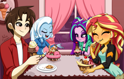 Size: 3999x2550 | Tagged: safe, artist:ameliacostanza, derpibooru import, aria blaze, sunset shimmer, trixie, human, equestria girls, blushing, cherry, commission, cookie, crossover, dick parker, eating, eyes closed, female, food, frown, high res, ice cream, male, open mouth, open smile, peter parker, smiling, spiders and magic: rise of spider-mane, spoon, sprinkles, window