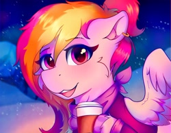 Size: 4000x3100 | Tagged: safe, artist:legionsunite, derpibooru import, oc, oc only, oc:velvet volt, pegasus, pony, bandana, bust, clothes, coffee cup, cup, long sleeve shirt, portrait, scarf, snow, solo, winter