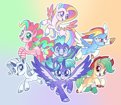 Size: 1134x990 | Tagged: safe, artist:connorbal, derpibooru import, applejack, fluttershy, pinkie pie, rainbow dash, rarity, spike, twilight sparkle, twilight sparkle (alicorn), alicorn, earth pony, pegasus, pony, unicorn, alternate design, mane seven, mane six