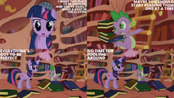 Size: 1280x720 | Tagged: safe, derpibooru import, edit, edited screencap, editor:quoterific, screencap, spike, twilight sparkle, unicorn twilight, dragon, pony, unicorn, season 1, swarm of the century, book, female, golden oaks library, magic, male, mare, open mouth, telekinesis