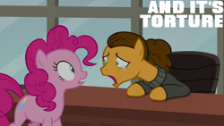 Size: 1280x720 | Tagged: safe, derpibooru import, edit, edited screencap, editor:quoterific, screencap, cheese sandwich, pinkie pie, earth pony, pony, season 9, the last laugh, spoiler:s09, clothes, crying, female, jacket, male, mare, open mouth, sad, stallion