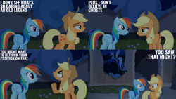 Size: 1280x720 | Tagged: safe, derpibooru import, edit, edited screencap, editor:quoterific, screencap, applejack, rainbow dash, earth pony, pegasus, pony, castle mane-ia, season 4, applejack's hat, clothes, cowboy hat, female, hat, mare, open mouth