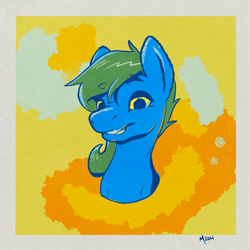 Size: 2231x2231 | Tagged: safe, artist:zombietator, derpibooru import, oc, oc only, earth pony, pony, abstract background, bust, earth pony oc, grin, signature, smiling, solo