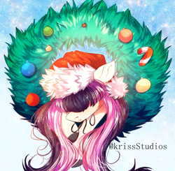 Size: 2548x2500 | Tagged: safe, artist:krissstudios, derpibooru import, oc, pony, christmas, christmas wreath, female, hat, holiday, mare, not fluttershy, santa hat, solo, wreath