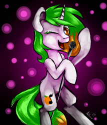 Size: 600x700 | Tagged: safe, artist:avonir, derpibooru import, oc, oc only, pony, unicorn, abstract background, bipedal, ear fluff, ears, eyelashes, horn, microphone, one eye closed, singing, smiling, solo, unicorn oc, wink