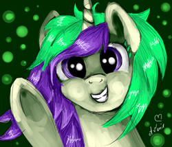 Size: 700x600 | Tagged: safe, artist:avonir, derpibooru import, oc, oc only, pony, unicorn, abstract background, bust, eyelashes, grin, horn, smiling, solo, underhoof, unicorn oc