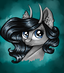 Size: 453x513 | Tagged: safe, artist:avonir, derpibooru import, oc, oc only, pony, abstract background, bust, eyelashes, horns, smiling, solo