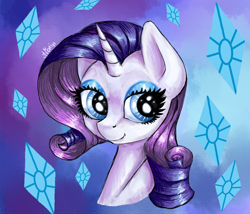 Size: 700x600 | Tagged: safe, artist:avonir, derpibooru import, rarity, pony, unicorn, abstract background, bust, eyelashes, female, makeup, mare, smiling, solo