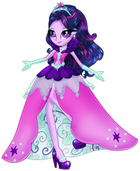 Size: 974x1190 | Tagged: safe, artist:gihhbloonde, derpibooru import, twilight sparkle, equestria girls, alternate hairstyle, base used, clothes, dress, eyelashes, female, gloves, high heels, jewelry, long gloves, makeup, shoes, simple background, smiling, solo, tiara, transparent background