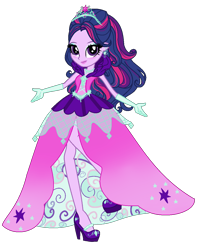 Size: 994x1230 | Tagged: safe, alternate version, artist:gihhbloonde, derpibooru import, twilight sparkle, equestria girls, alternate hairstyle, base used, clothes, dress, eyelashes, female, gloves, high heels, jewelry, long gloves, makeup, shoes, smiling, solo, tiara