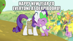 Size: 800x450 | Tagged: safe, derpibooru import, edit, edited screencap, screencap, rarity, spike, dragon, pony, unicorn, ^^, apology, caption, comic, duo, eyes closed, hug, image macro, new year, screencap comic, shadow, smiling, standing, tail, text