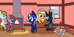 Size: 1602x800 | Tagged: safe, artist:wadusher0, derpibooru import, applejack, princess flurry heart, oc, oc:lukida, oc:moonshine dusk, oc:topaz moon, changeling, fireplace