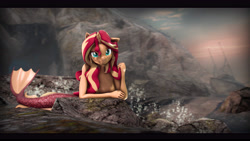 Size: 9600x5400 | Tagged: safe, artist:imafutureguitarhero, derpibooru import, sunset shimmer, anthro, mermaid, unicorn, 3d, absurd resolution, arm freckles, black bars, cave, chest freckles, chromatic aberration, claws, colored eyebrows, colored eyelashes, ear freckles, ears, female, film grain, fish tail, floppy ears, freckles, hair grab, long hair, long mane, looking at you, mare, mermaid tail, mermaidized, multicolored hair, multicolored mane, nose wrinkle, ocean, outdoors, peppered bacon, raised eyebrow, revamped anthros, revamped ponies, rock, ship, shipwreck, shore, signature, sky, smiling, solo, source filmmaker, species swap, splash, tail, wall of tags, water, wet