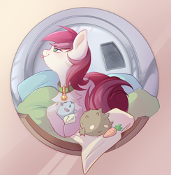 Size: 1644x1680 | Tagged: safe, artist:waterfall dream, derpibooru import, roseluck, pony, behaving like a cat, collar, commission, commissioner:doom9454, fluffy, pony pet, rosepet, tongue, tongue out, toy, washing machine