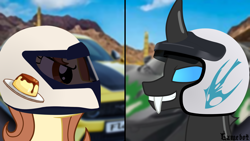 Size: 1920x1080 | Tagged: safe, artist:tcgamebot, derpibooru import, oc, oc only, oc:changelink, oc:flani bainilye, changeling, earth pony, pony, car, competition, desert, female, ford mustang, helmet, lamborghini, looking at each other, looking at someone, mare, race, smiling