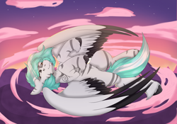 Size: 4500x3150 | Tagged: safe, artist:rokosmith26, derpibooru import, oc, oc only, oc:rokosmith, pegasus, pony, belly, chin fluff, cloud, cloudy, coat markings, colored wings, complex background, cute, ears, falling, fangs, female, floppy ears, heterochromia, mare, pegasus oc, sky, smiling, solo, spread wings, stars, stripes, tail, tribal markings, two toned mane, two toned wings, unshorn fetlocks, wings