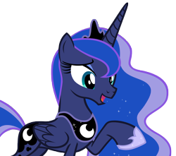 Size: 9240x8159 | Tagged: safe, artist:andoanimalia, derpibooru import, princess luna, alicorn, pony, the beginning of the end, absurd resolution, crown, female, folded wings, hoof shoes, horn, jewelry, mare, open mouth, open smile, peytral, raised hoof, raised leg, regalia, simple background, smiling, solo, teal eyes, transparent background, vector, wings