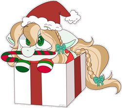 Size: 827x739 | Tagged: safe, artist:jetjetj, derpibooru import, oc, pony, box, candy, candy cane, christmas, clothes, female, food, hat, holiday, mare, mouth hold, pony in a box, present, santa hat, simple background, socks, solo, starry eyes, striped socks, transparent background, wingding eyes