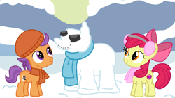 Size: 1280x720 | Tagged: safe, artist:mlplary6, derpibooru import, apple bloom, tender taps, earth pony, pony, christmas, colt, female, filly, foal, holiday, male, shipping, snow, snowman, straight, tenderbloom