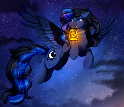 Size: 3509x3050 | Tagged: safe, artist:pridark, derpibooru import, oc, oc only, pegasus, pony, chest fluff, ear fluff, ears, lantern, mouth hold, not luna, sky, sky background, solo, stars