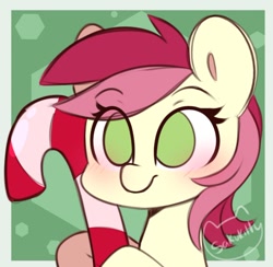 Size: 740x723 | Tagged: safe, artist:sakukitty, derpibooru import, roseluck, earth pony, pony, blushing, bust, candy, candy cane, eye clipping through hair, eyebrows, eyebrows visible through hair, female, food, solo