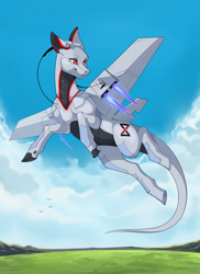 Size: 3273x4500 | Tagged: safe, artist:shchavel, derpibooru import, oc, oc only, oc:xr-47 primax, original species, plane pony, pony, robot, robot pony, absurd file size, cloud, colored pupils, commission, day, female, fire, flying, glowing, glowing eyes, looking back, mare, outdoors, plane, red eyes, sky, smiling, smirk, tail, xenestra corporation