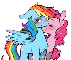 Size: 900x767 | Tagged: safe, artist:pyukumiku, derpibooru import, pinkie pie, rainbow dash, earth pony, pegasus, pony, blushing, duo, ears back, embarrassed, female, lesbian, mare, nuzzling, pinkiedash, shipping, simple background, solo, transparent background, wavy mouth