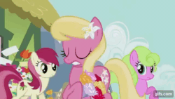 Size: 640x360 | Tagged: safe, derpibooru import, screencap, daisy, flower wishes, lily, lily valley, roseluck, earth pony, pony, season 5, slice of life (episode), animated, eyes closed, female, flower, flower trio, gif, gifs.com, mare, nose in the air, open mouth, shocked, shocked expression
