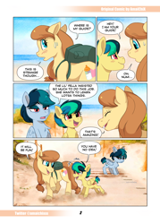 Size: 2598x3626 | Tagged: safe, artist:amaichix, derpibooru import, oc, oc only, oc:apogee, oc:cream heart, oc:delta vee, earth pony, pegasus, pony, comic:smash the beach, beach, comic, daughter, dialogue, earth pony oc, female, filly, foal, mare, mother, mother and child, mother and daughter, parent and child, pegasus oc, wings