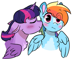 Size: 1161x956 | Tagged: safe, artist:moccabliss, derpibooru import, rainbow dash, twilight sparkle, twilight sparkle (alicorn), alicorn, pegasus, pony, blushing, chest fluff, cropped, cute, dashabetes, ears, eye clipping through hair, eyebrows, eyebrows visible through hair, eyes closed, female, floppy ears, fluffy, flustered, mare, neck fluff, nuzzling, shipping, simple background, surprised, twidash, wavy mouth, white background, wide eyes, wings