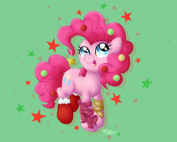 Size: 3207x2575 | Tagged: safe, artist:background basset, derpibooru import, pinkie pie, earth pony, pony, abstract background, christmas, christmas stocking, happy, holiday, open mouth, solo