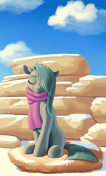 Size: 1200x2000 | Tagged: safe, artist:escdev, derpibooru import, marble pie, earth pony, pony, clothes, cloud, eyes closed, female, mare, rock, scarf, sitting, solo
