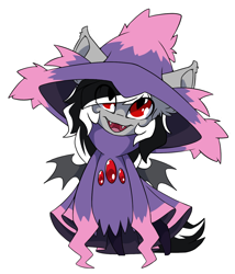 Size: 1226x1432 | Tagged: safe, artist:arctic-fox, derpibooru import, oc, oc:stormdancer, bat pony, pony, undead, vampire, vampony, clothes, cosplay, costume, cute, halloween, holiday, looking up, mismagius, pokémon, red eyes, simple background, smiling, solo, sticker, transparent background