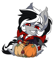 Size: 1100x1173 | Tagged: safe, artist:arctic-fox, derpibooru import, oc, oc:stormdancer, bat pony, pony, undead, vampire, vampony, cute, halloween, holiday, looking at you, mushroom, pumpkin, red eyes, simple background, smiling, smirk, solo, sticker, transparent background