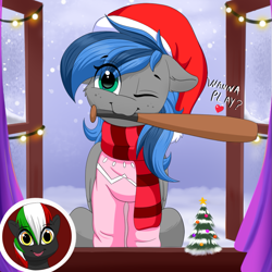 Size: 939x939 | Tagged: safe, artist:joaothejohn, derpibooru import, oc, oc:bibbo, oc:winged beer, pegasus, baseball bat, christmas, christmas tree, clothes, curtains, cute, hat, holiday, looking at you, pegasus oc, scarf, smiling, smirk, snow, sweater, tree, window, wings