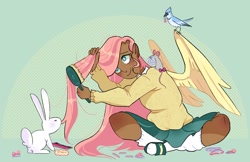 Size: 2311x1500 | Tagged: safe, artist:stevetwisp, derpibooru import, angel bunny, fluttershy, bird, human, mouse, rabbit, animal, brush, brushing, comb, dark skin, hairbrush, humanized, scrunchie, smiling, spread wings, winged humanization, wings