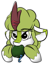 Size: 800x1034 | Tagged: safe, artist:triksa, derpibooru import, oc, oc:kiwin, oc:triksa, kirin, food, fruit, implied vore, kirin oc, kiwi fruit, nom, simple background, sticker, transparent background