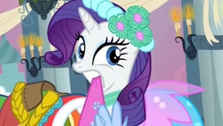 Size: 1280x720 | Tagged: safe, derpibooru import, editor:rarity vrymer collective, screencap, rarity, pony, unicorn, a canterlot wedding, season 2, blue eyes, clothes, eyelashes, female, horn, mare, mouth hold, purple mane, solo