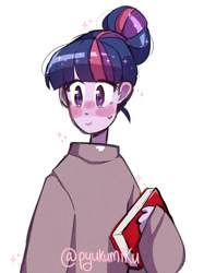 Size: 1024x1366 | Tagged: safe, artist:pyukumiku, derpibooru import, twilight sparkle, equestria girls, alternate hairstyle, blushing, book, clothes, cute, female, simple background, solo, sweat, sweatdrop, sweater, twiabetes, white background