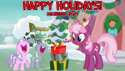 Size: 2063x1161 | Tagged: safe, artist:not-yet-a-brony, artist:poniesfromheaven, artist:silentmatten, artist:vector-brony, derpibooru import, cheerilee, diamond tiara, silver spoon, 2021, caroling, christmas, december, gift box, happy holidays, hearth's warming, holiday, ponyville, present, singing, snow, teacher and student, youtube link in the description