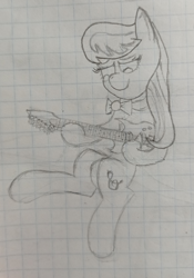 Size: 1840x2632 | Tagged: safe, artist:kanw, derpibooru import, octavia melody, earth pony, pony, bowtie, cute, electric guitar, graph paper, guitar, monochrome, musical instrument, newbie artist training grounds, photo, playing guitar, playing instrument, sitting, solo, tavibetes, traditional art