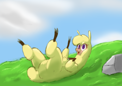 Size: 3048x2160 | Tagged: safe, artist:hitsuji, derpibooru import, paprika paca, alpaca, them's fightin' herds, cloven hooves, community related, fluffy, grass, lying down, on back, rock, solo