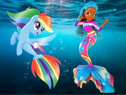 Size: 1000x750 | Tagged: safe, artist:aaliyah_rosado, artist:user15432, derpibooru import, rainbow dash, mermaid, pegasus, sea pony, seapony (g4), my little pony: the movie, spoiler:my little pony the movie, barely pony related, bubble, crossover, fin wings, fins, fish tail, jewelry, mermaid high, mermaid tail, necklace, oceanna (mermaid high), seaponified, seapony rainbow dash, species swap, tail, underwater, wings