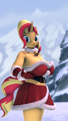 Size: 2160x3840 | Tagged: safe, artist:calypsosfm, derpibooru import, sunset shimmer, anthro, plantigrade anthro, unicorn, 3d, 4k, big breasts, breasts, christmas, christmas outfit, clothes, costume, curvy, female, hearth's warming, high res, holiday, horn, looking at you, mountain, santa costume, scenery, sexy, skirt, smiling, smiling at you, snow, solo, source filmmaker, strapless dress, stupid sexy sunset shimmer, sunset jiggler, tail, take my hand, tree