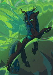 Size: 918x1280 | Tagged: safe, artist:pokeshadow, derpibooru import, queen chrysalis, changeling, changeling queen, bug horse, changeling hive, cocoon, fanart, female, looking at you, lounging, playing card