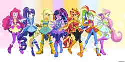 Size: 2200x1100 | Tagged: safe, artist:riouku, derpibooru import, applejack, fluttershy, pinkie pie, rainbow dash, rarity, sci-twi, sunset shimmer, twilight sparkle, better together, equestria girls, super squad goals, boots, braided ponytail, commission, crystal guardian, crystal wings, cute, goggles, high heel boots, humane five, humane seven, humane six, ponied up, ponytail, shoes, wings